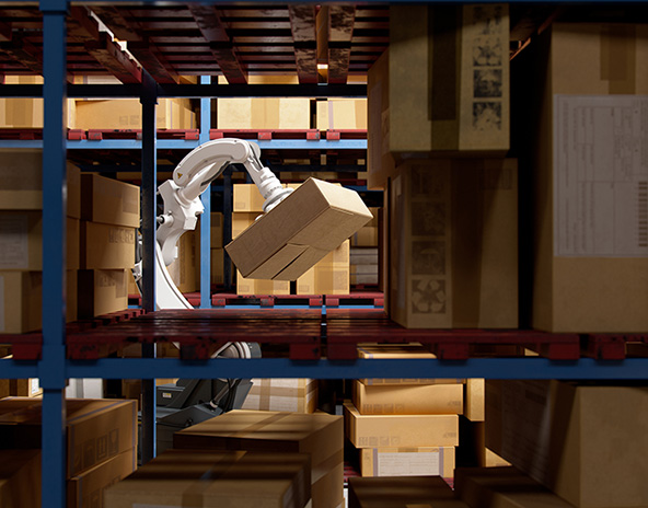 robotic arm in smart distribution warehouse