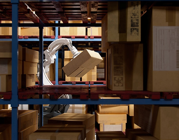 robotic arm in smart distribution warehouse