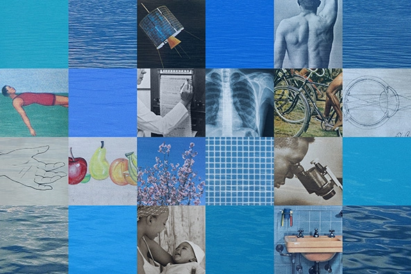 patchwork collage of shades of blue and health images like an x-ray, fruit, mother and child, person swimming