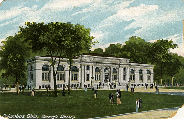 Illustration of a Carnegie Library with people walking outside on the lawn