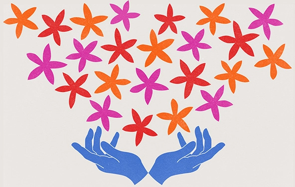 open hands with colorful flowers