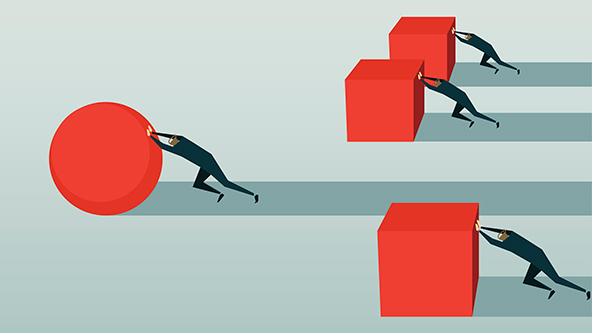 Three men pushing red cubes and one man, in the lead, pushing a red ball ahead of the others