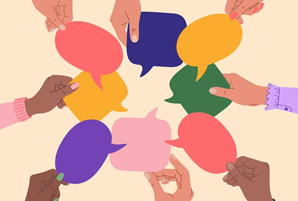 Illustration of human hands holding speech bubbles in a circle formation
