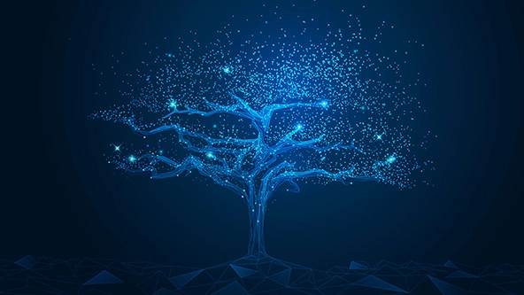 Blue cyber polygon tree with futuristic element