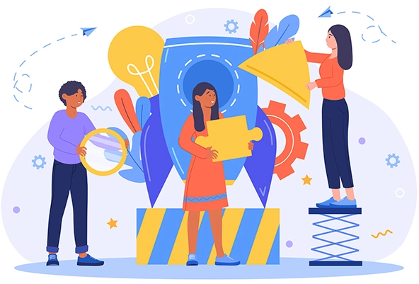 People putting parts together to build a rocket ship