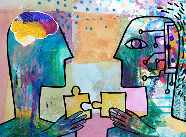 Illustration of two brightly colored figures holding pieces of a puzzle next to each other