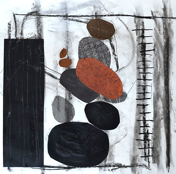 different colored circular shapes in a collage with charcoal lines