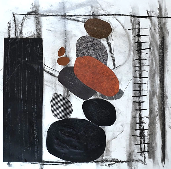 different colored circular shapes in a collage with charcoal lines