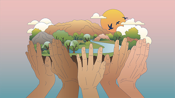 Diverse hands lifting up an island of land into the sky