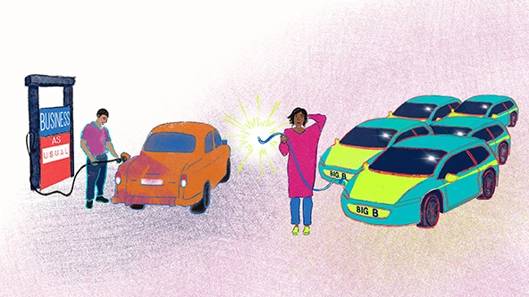 Woman standing with cars labeled 