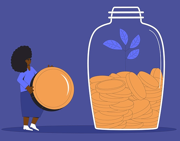 Funding: African American with huge coin and jar of coins