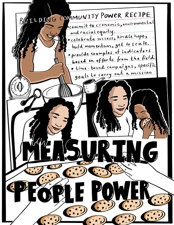 Illustration of woman baking cookies with girl with recipe card and the words 