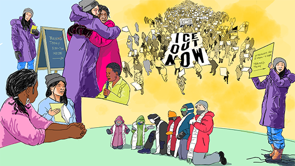 hand-drawn illustration of ICE protest, volunteers hugging, volunteer holding a sign, faith leaders kneeling in protest