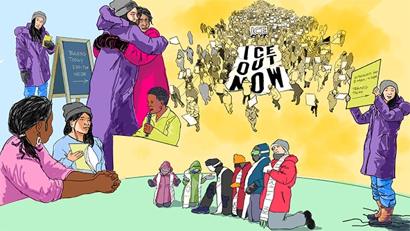 hand-drawn illustration of ICE protest, volunteers hugging, volunteer holding a sign, faith leaders kneeling in protest