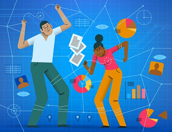 Two workers ensnared in wires and cables