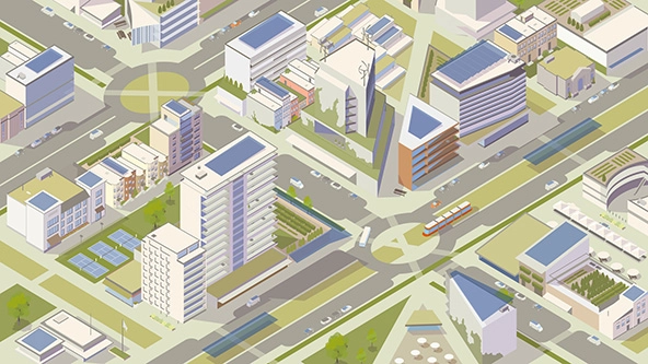 Sustainable city with buildings, green space, roads, solar panels.