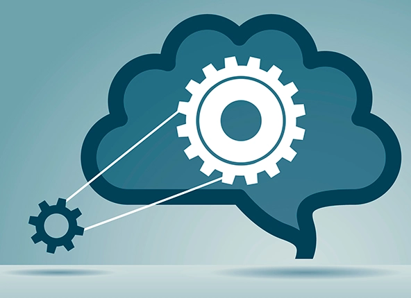 Illustration of connected gears in a though bubble to signify learning