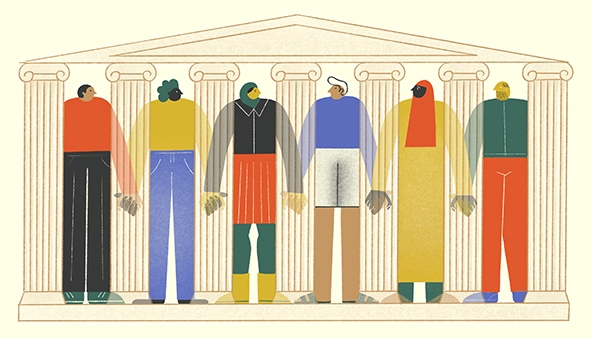 Illustration of diverse people joining hands under the outline of a temple of democracy