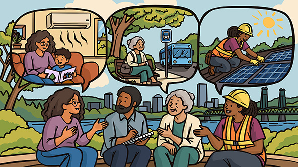 Illustration of people sitting outdoors talking with thought bubbles showing how they are affected by heat waves in their homes, at work, and outdoors