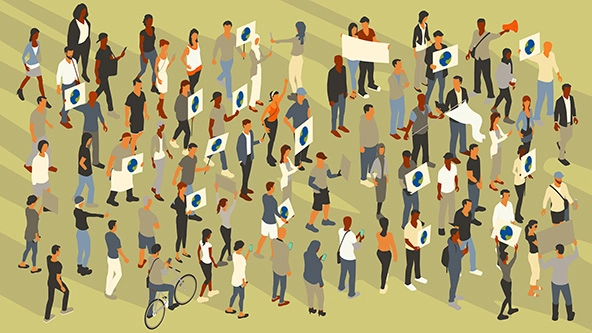 A crowd of climate protestors holding signs, cell phones, waving a flag, holding a megaphone