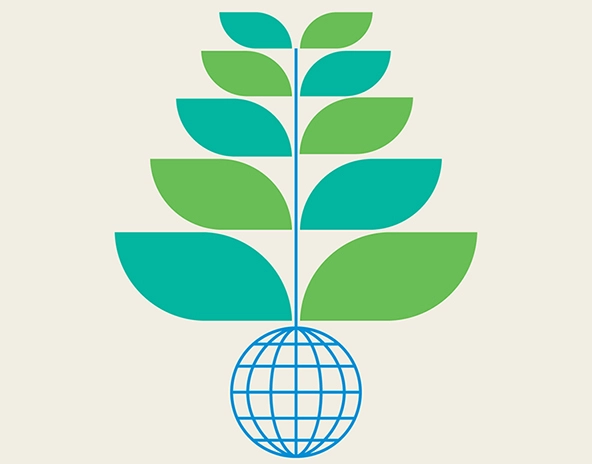 a branch with leaves sprouting from a globe