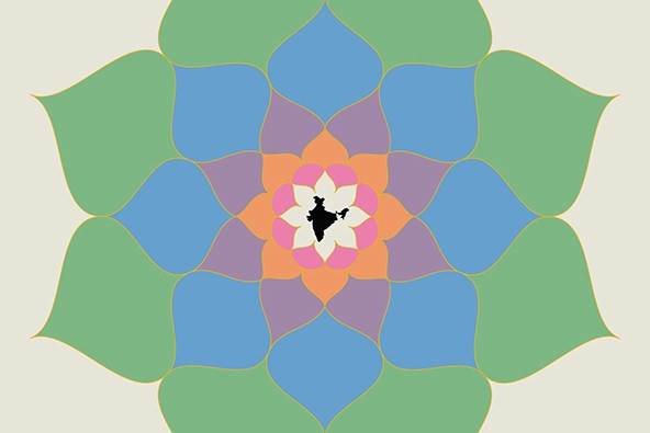 A circular geometric pattern of lotus flower shapes, with an outline of the map of India at the center