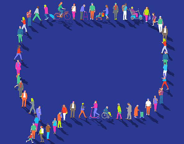 An illustration showing people standing in a line to create the shape of a speech bubble