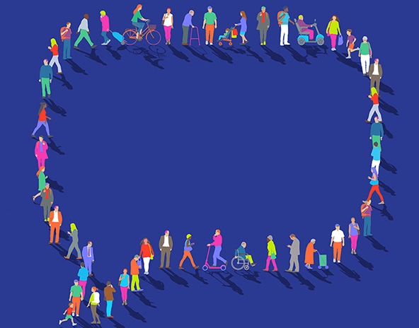 An illustration showing people standing in a line to create the shape of a speech bubble