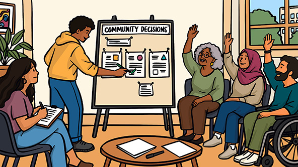Illustration of a diverse group of people sitting around an easel that says 