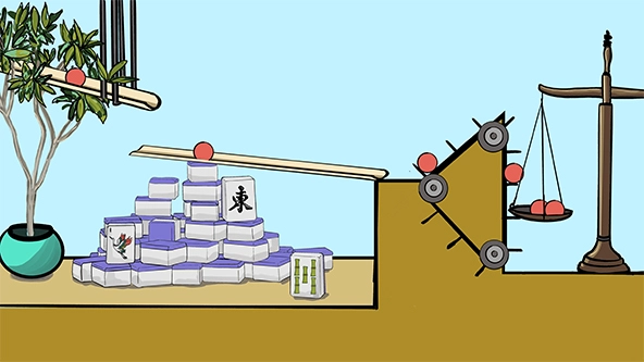 balls roll down chute, move up pulley, drop on scale