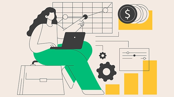 Person working on a laptop, pointing to a point on a line graph