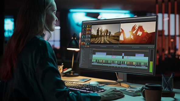 female videographer working on a film on her desktop computer.