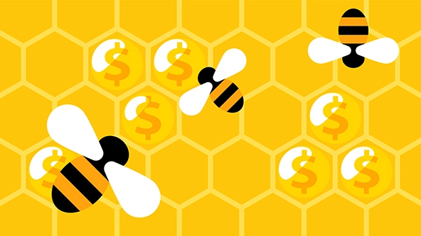 bees flying over honeycombs with dollar signs