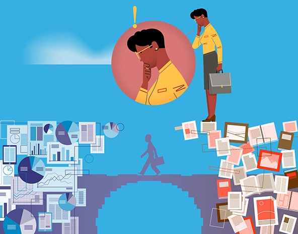 Woman standing at the edge of a half-built bridge made of charts and data.