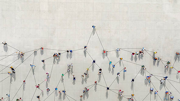 Crowd from above forming a growth graph with lines connecting between them