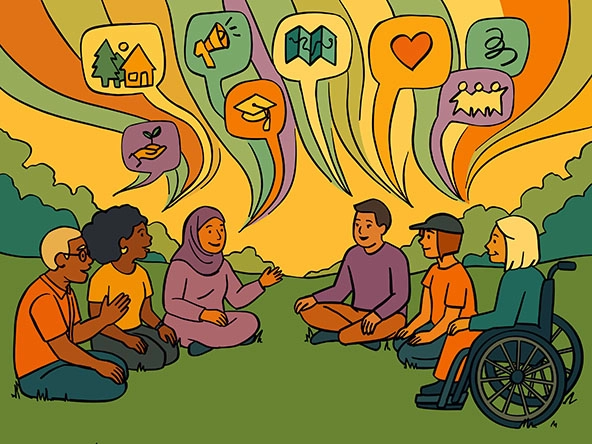 group of people with thought bubbles and icons representing data on health and well-being
