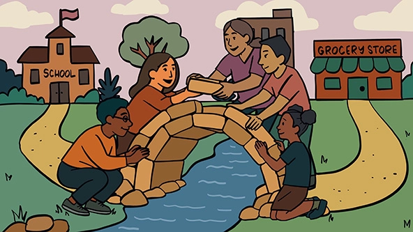 people building a bridge over a stream that connects two communities