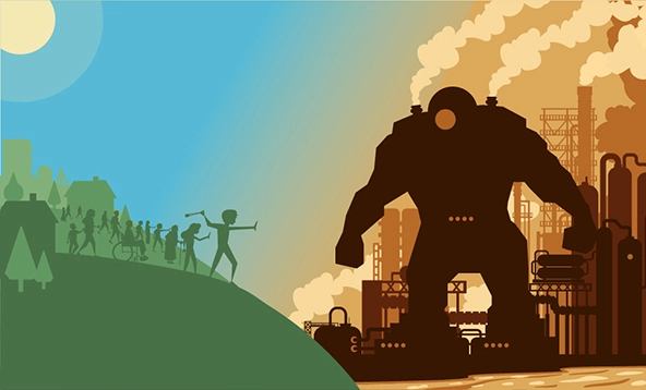 illustration depicting a green energy david fighting a giant fossil fuel, robot goliath