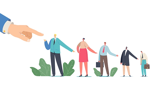 Huge hand pointing with finger on business people standing in a row to show pressure.