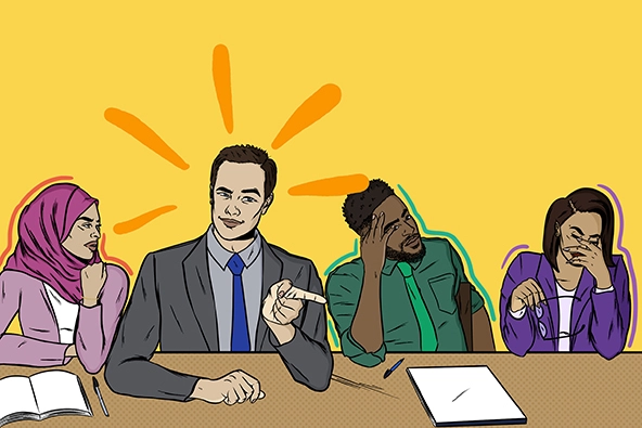 A white man sitting at a table with Black and Brown people. He's pointing his finger, tilting his head and has lines for emphasis around his head while the others at the table look down, away, and off into the distance.