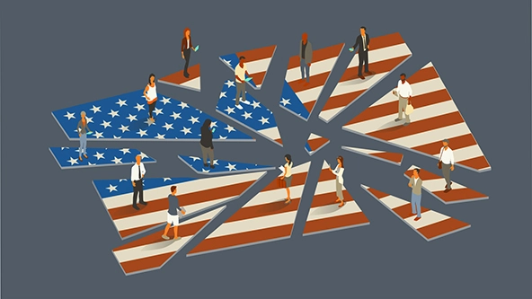 Abstract illustration showing people standing on different pieces of a shattered American flag.