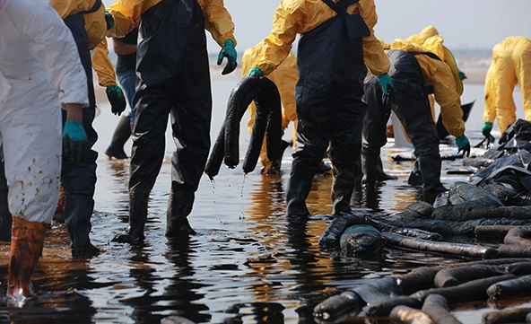 People in chest waders, protective gear, and gloves cleaning up the ocean coast after an oil spill