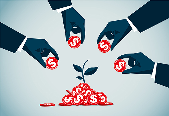 Four hands holding coins over a pile of coins to represent a pooled fund
