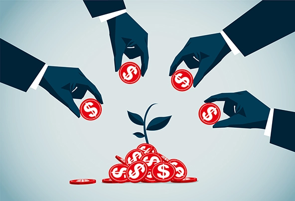 Four hands holding coins over a pile of coins to represent a pooled fund