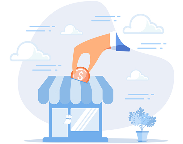 oversized hand putting a coin into a storefront that represents a small enterprise