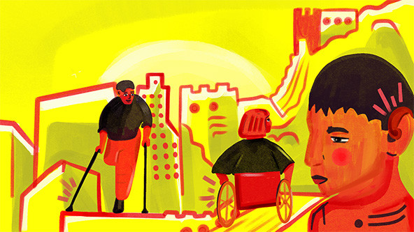 Person using canes; person on wheelchair; person with hearing disability on a yellow and red background of buildings