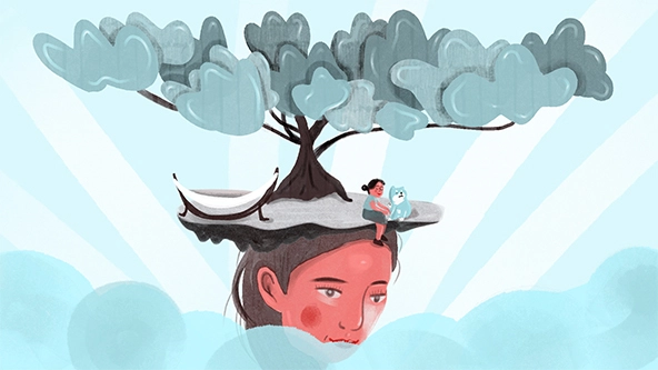 Figure with a tree, person with small pet dog and hammock above their head