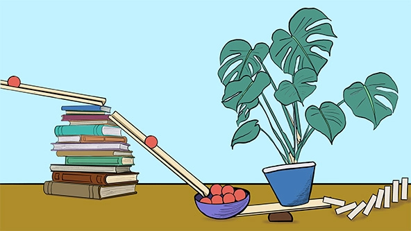 balls come down a chute, land in bowl, tip a seesaw with a plant and push over dominoes