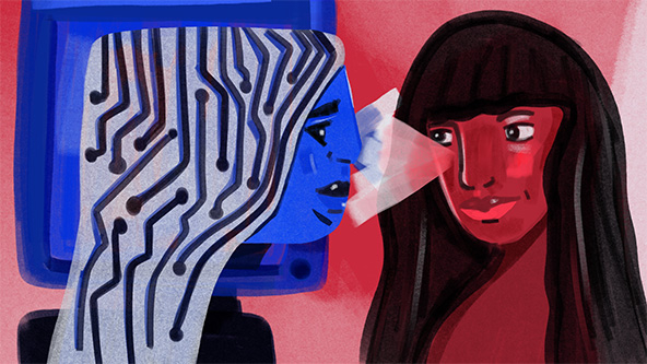 A figure in a computer looking at a figure looking at a computer