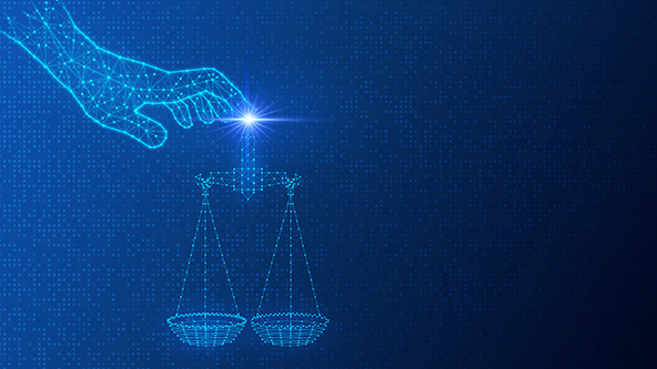 Conceptual illustration of AI ethics with a hand balancing scales